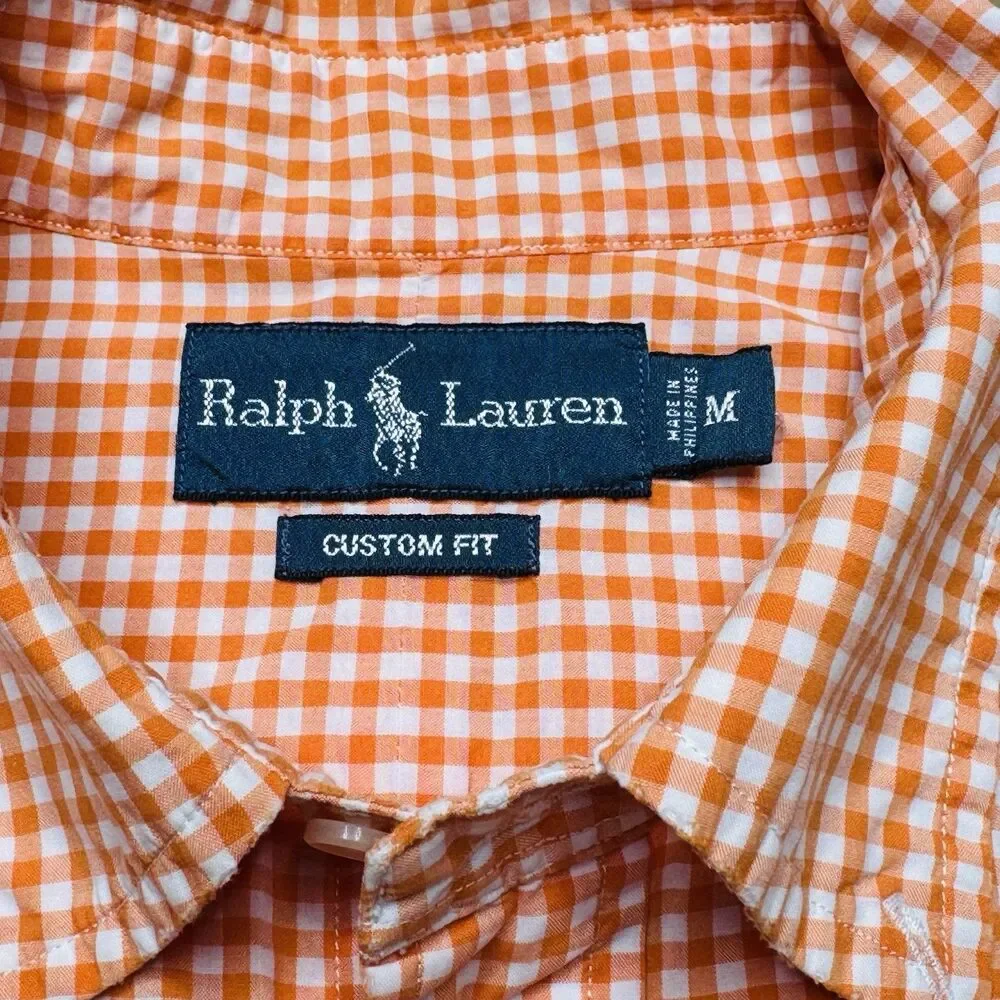 Polo Ralph Lauren Shirt Mens Medium Orange Gingham Check Long Sleeve Preppy
